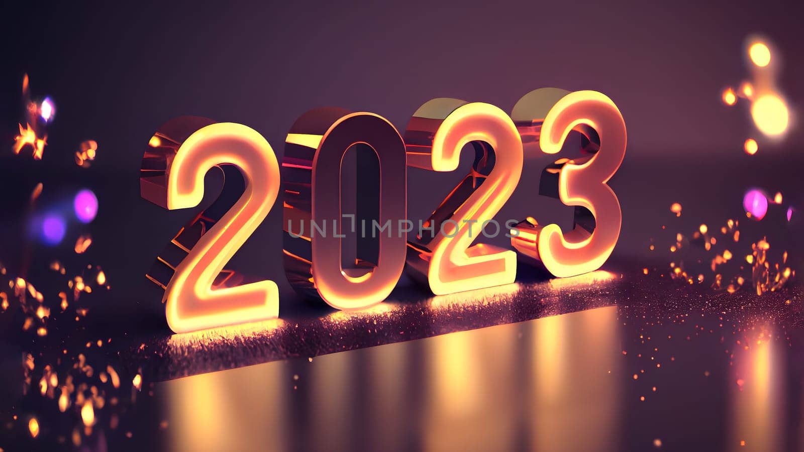 New Year background bokeh light and the letters 2023 wallpaper, neural network generated art. Digitally generated image. Not based on any actual person, scene or pattern.