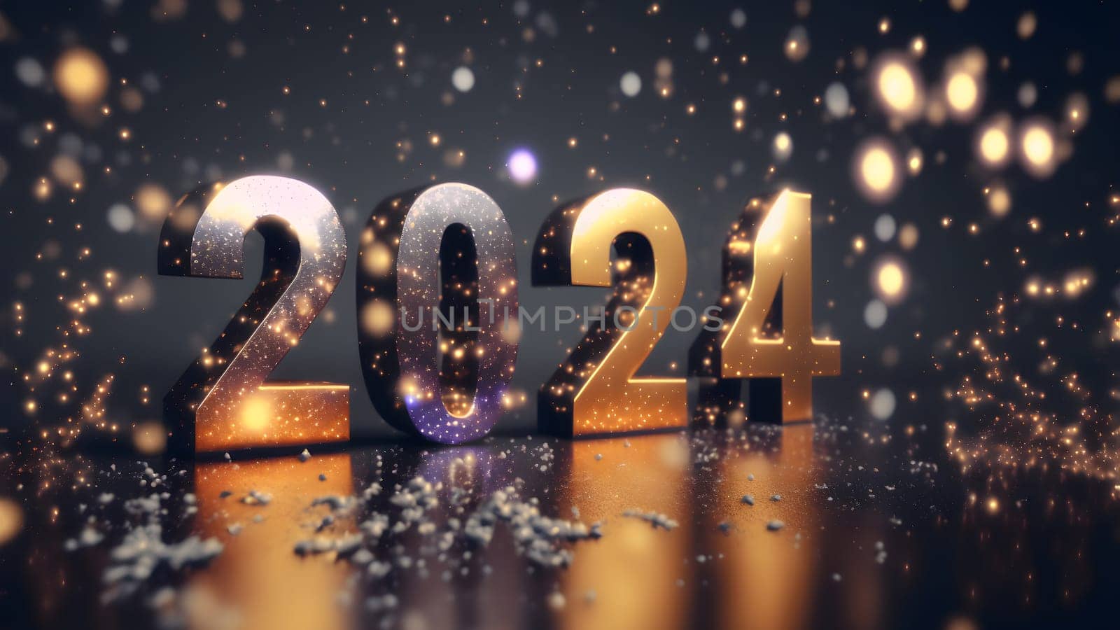 New Year background bokeh light and the letters 2024 wallpaper, neural network generated art. Digitally generated image. Not based on any actual person, scene or pattern.