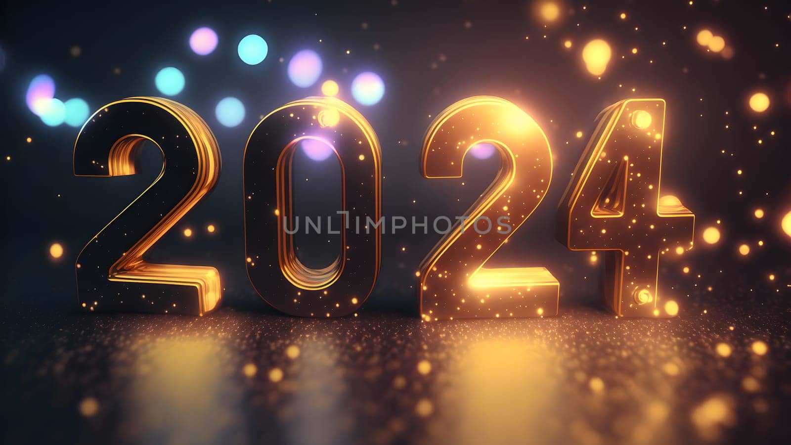 New Year background bokeh light and the letters 2024 wallpaper, neural network generated art. Digitally generated image. Not based on any actual person, scene or pattern.