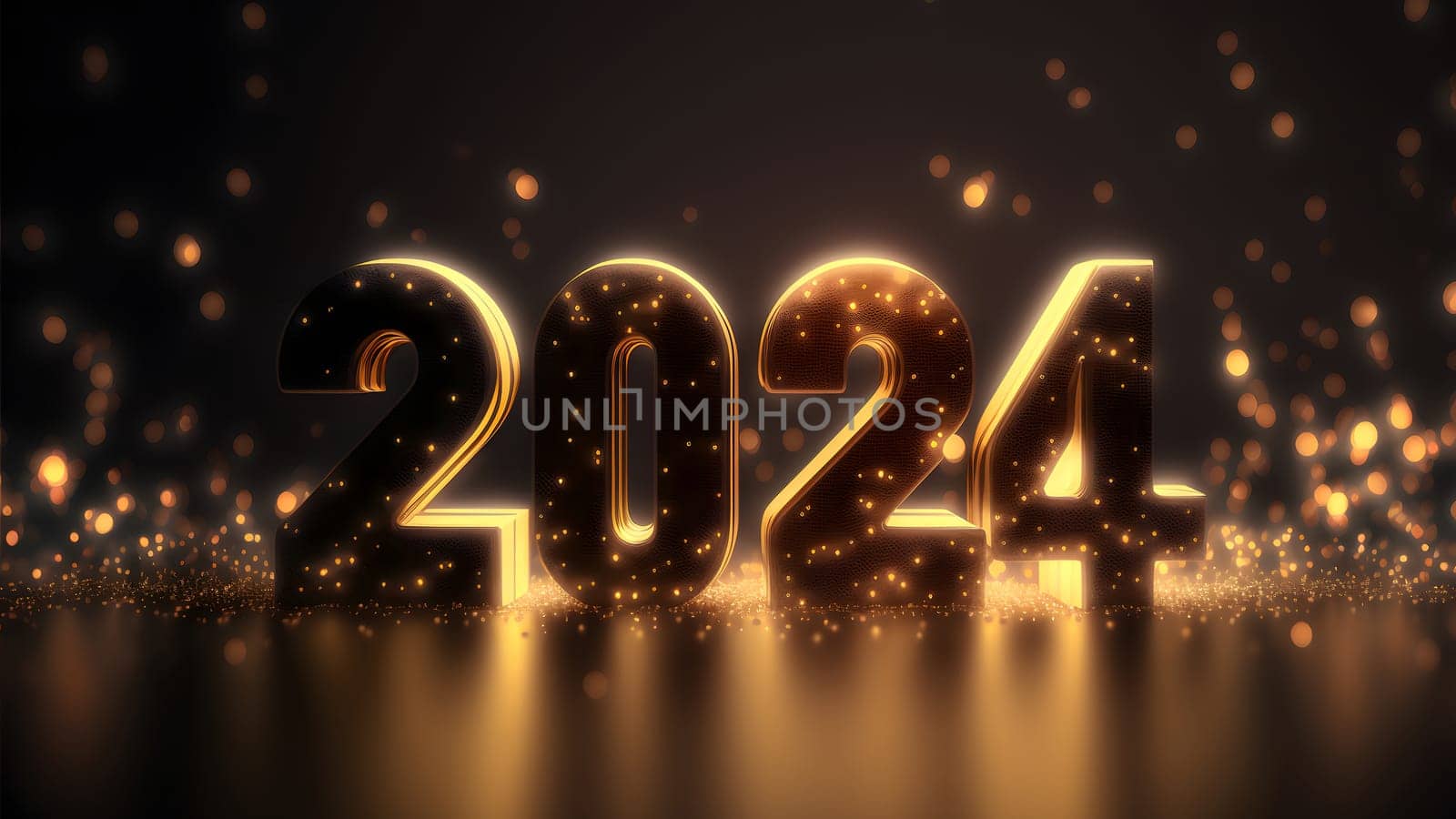 New Year background bokeh light and the letters 2024 wallpaper, neural network generated art. Digitally generated image. Not based on any actual person, scene or pattern.