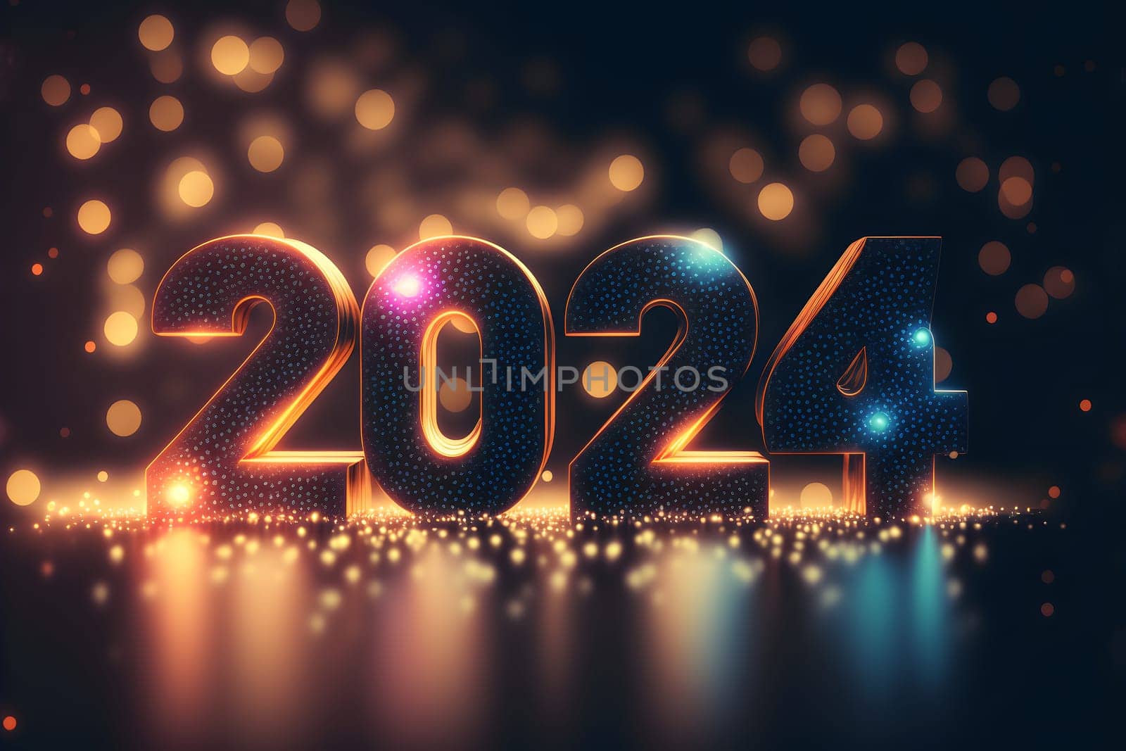 New Year background bokeh light and the letters 2024 wallpaper, neural network generated art. Digitally generated image. Not based on any actual person, scene or pattern.