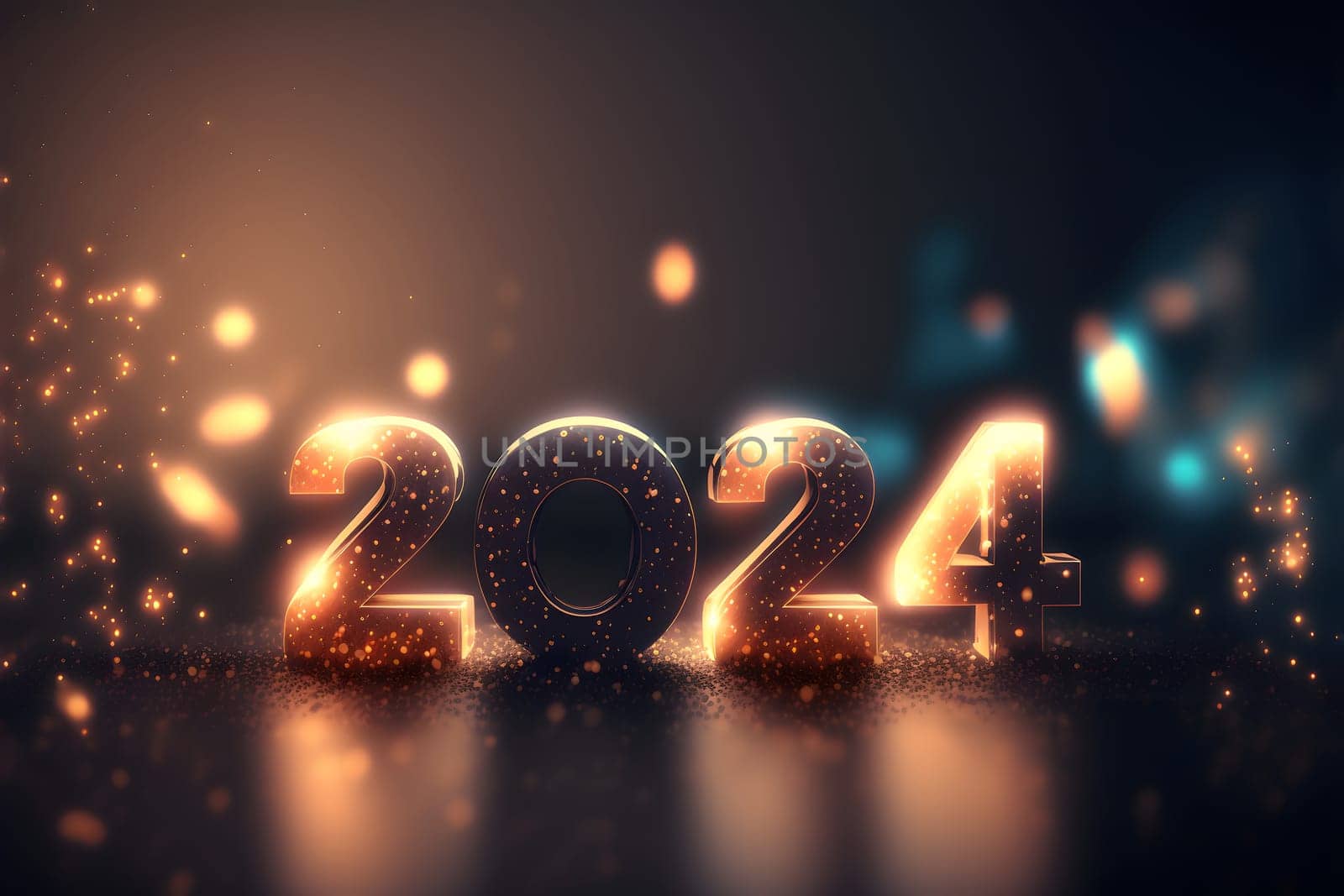 New Year background bokeh light and the letters 2024 wallpaper, neural network generated art. Digitally generated image. Not based on any actual person, scene or pattern.