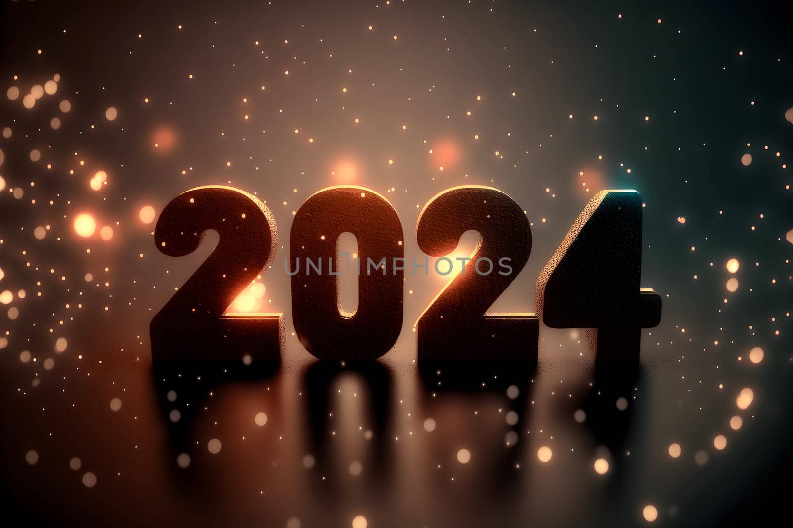 New Year background bokeh light and the letters 2024 wallpaper, neural network generated art. Digitally generated image. Not based on any actual person, scene or pattern.