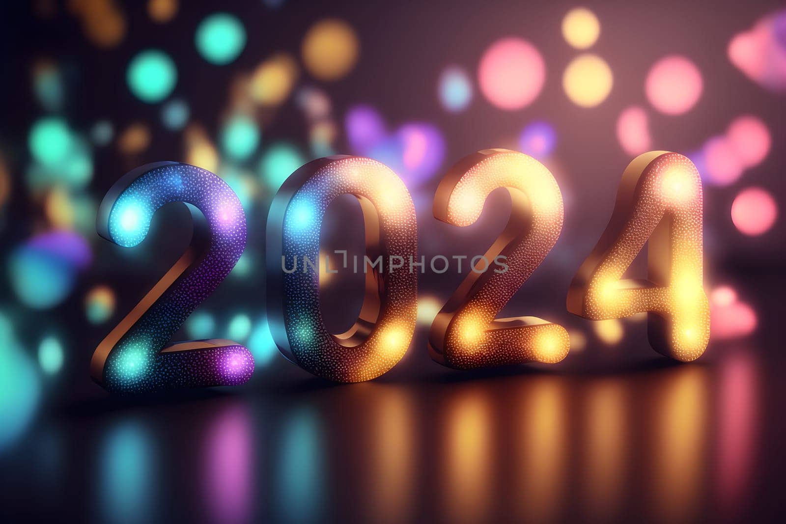 New Year background bokeh light and the letters 2024 wallpaper, neural network generated art. Digitally generated image. Not based on any actual person, scene or pattern.