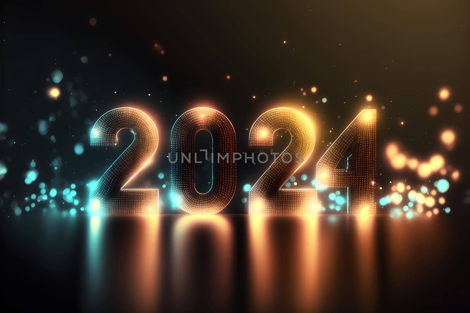 New Year background bokeh light and the letters 2024 wallpaper, neural network generated art. Digitally generated image. Not based on any actual person, scene or pattern.