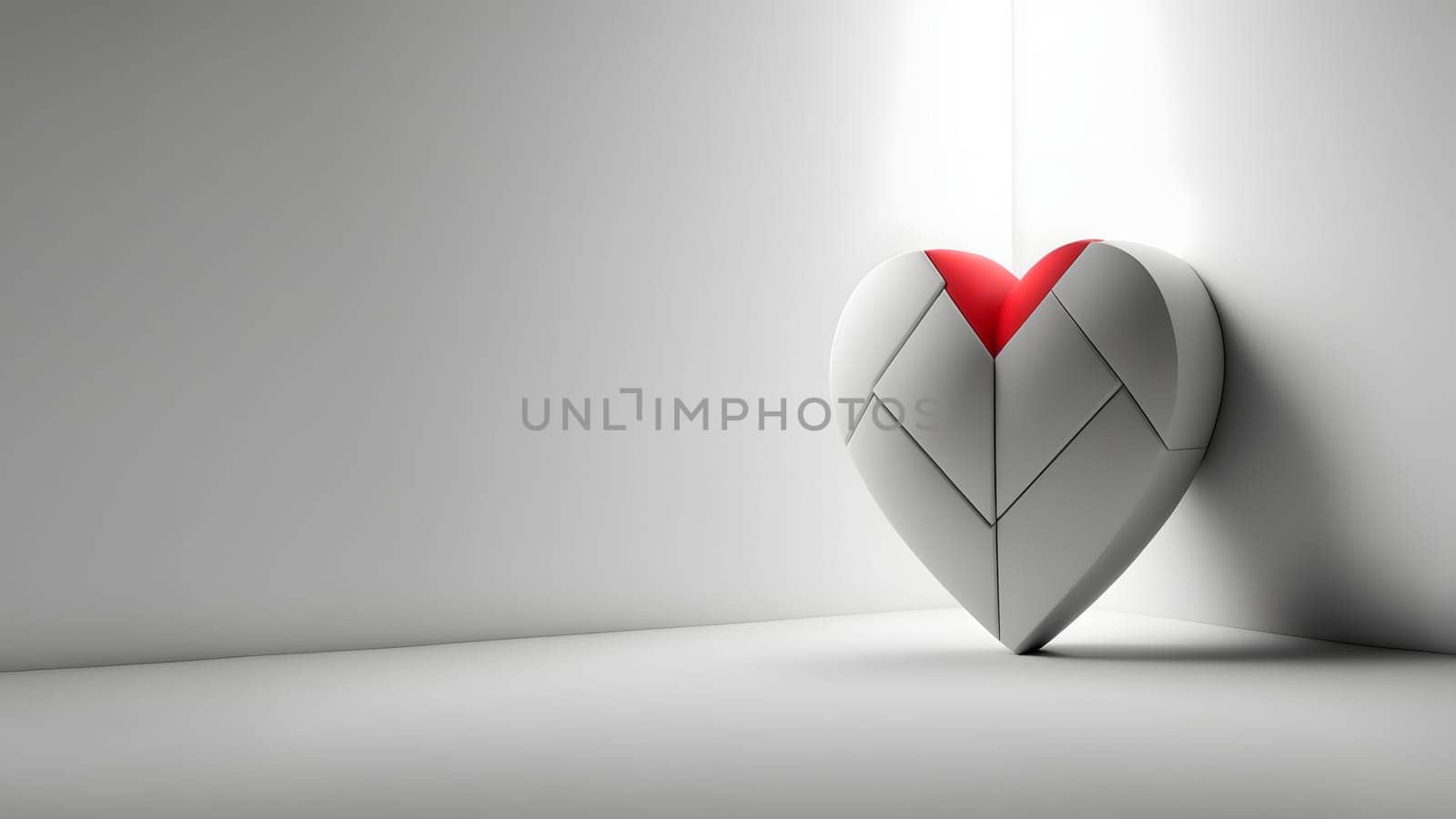 minimalistic valentines day background with heart symbol copy space at the left side, neural network generated art. Digitally generated image. Not based on any actual person, scene or pattern.