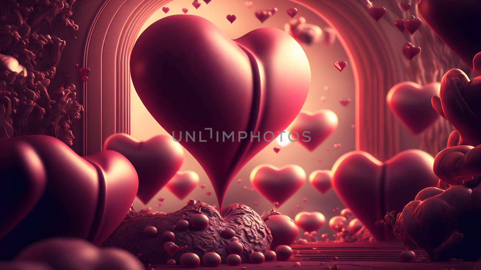 dark minimalistic valentines day background with hearts symbols, neural network generated art. Digitally generated image. Not based on any actual person, scene or pattern.