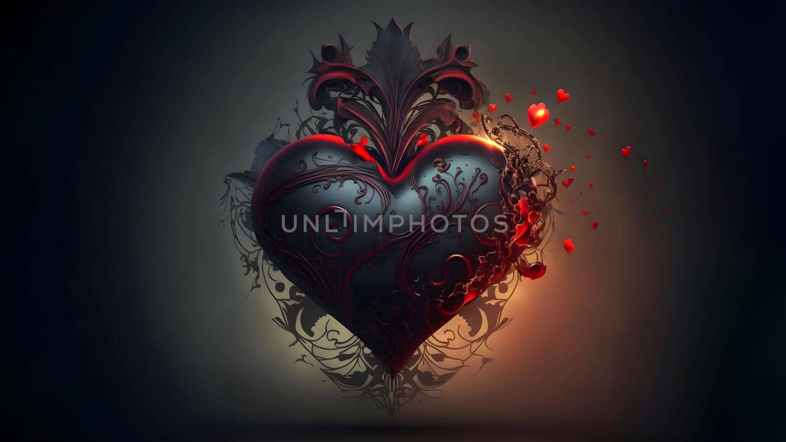 dark valentines day ornate fantasy heart symbol, neural network generated art. Digitally generated image. Not based on any actual person, scene or pattern.