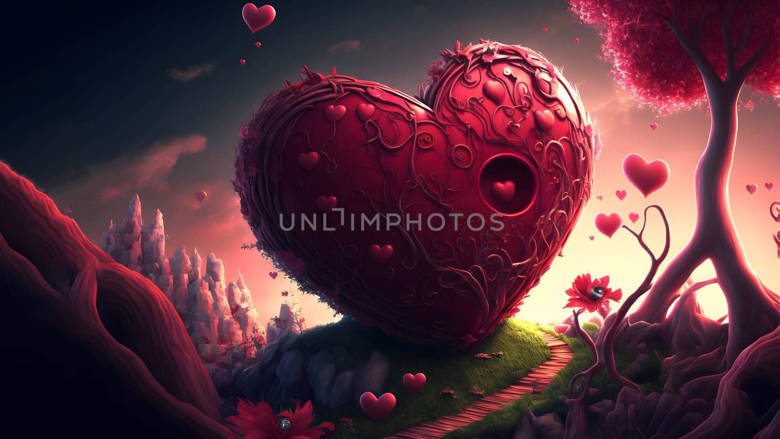 large heart valentines day symbol on green hill in fantasy world, neural network generated art by z1b