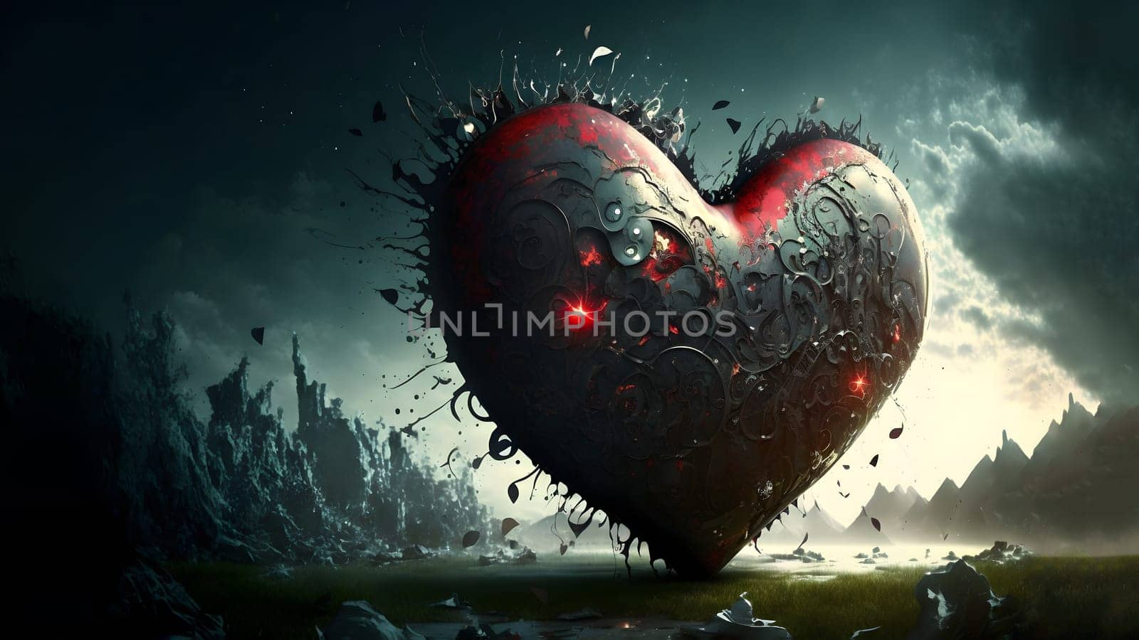 large heart shaped object in dark fantastic outdoor background for valentines day symbol, neural network generated art by z1b