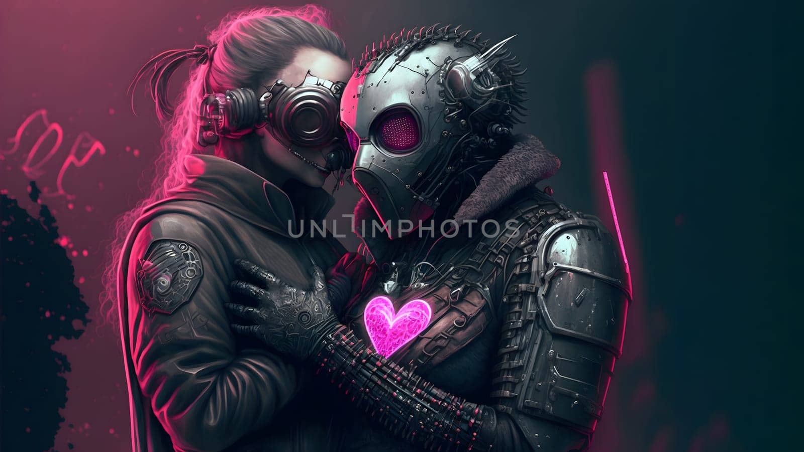 two people in love hugging in dark environment, cyberpunk style, neural network generated art. Digitally generated image. Not based on any actual person, scene or pattern.