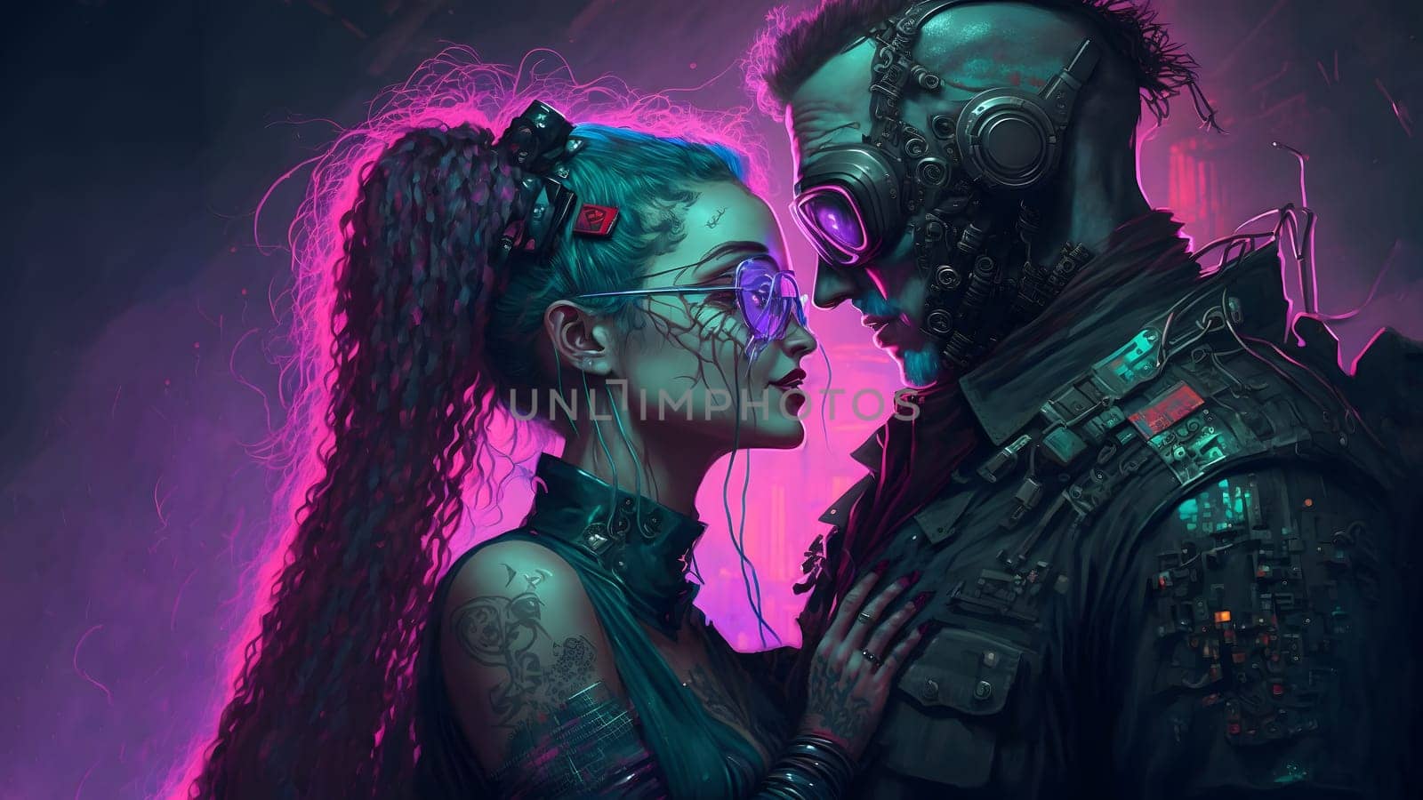 two people in love hugging in dark environment, cyberpunk style, neural network generated art by z1b