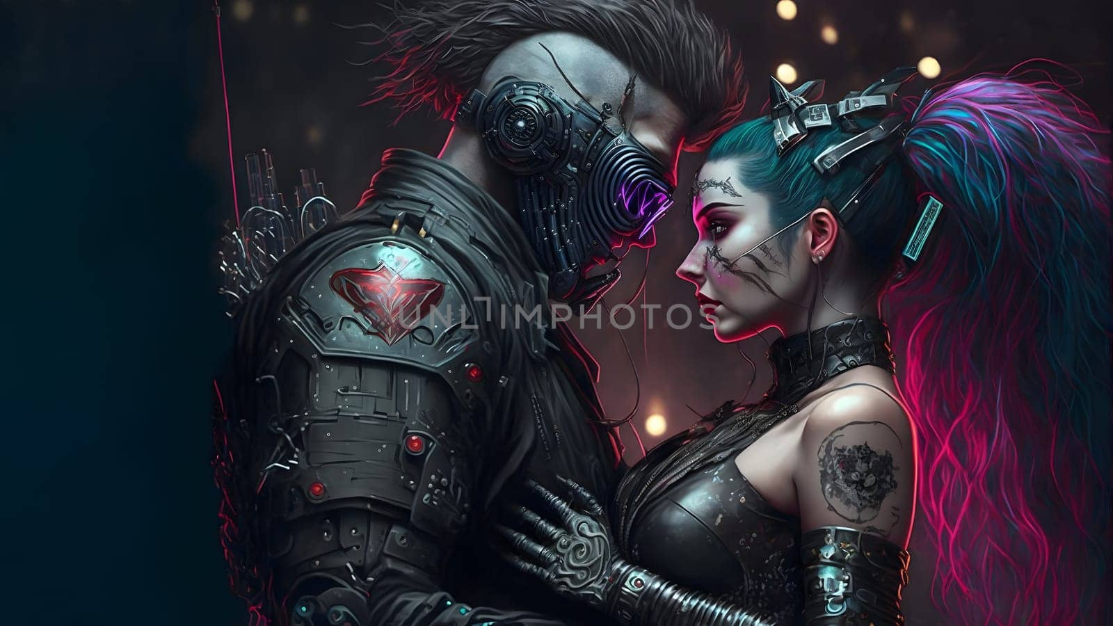 two people in love hugging in dark environment, cyberpunk style, neural network generated art. Digitally generated image. Not based on any actual person, scene or pattern.