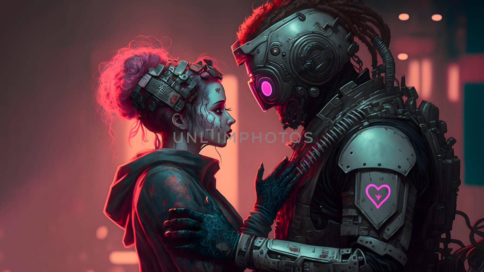 two people in love hugging in dark environment, cyberpunk style, neural network generated art. Digitally generated image. Not based on any actual person, scene or pattern.