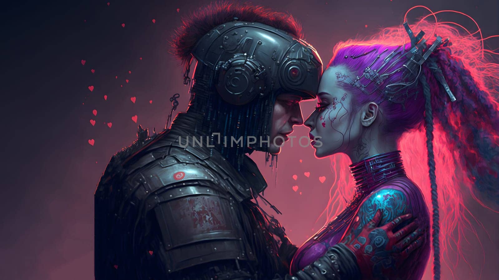 two people in love hugging in dark environment, cyberpunk style, neural network generated art. Digitally generated image. Not based on any actual person, scene or pattern.