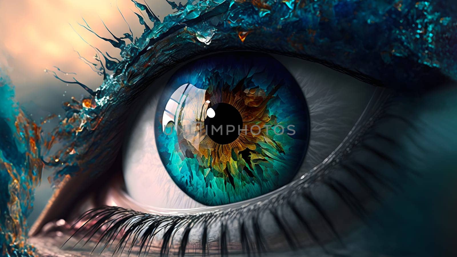 unreal colorful eye of fantastic woman, close-up, neural network generated art. Digitally generated image. Not based on any actual person, scene or pattern.