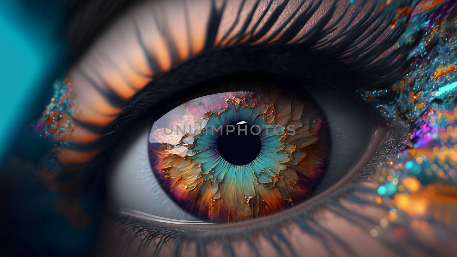 unreal colorful eye of fantastic woman, close-up, neural network generated art. Digitally generated image. Not based on any actual person, scene or pattern.