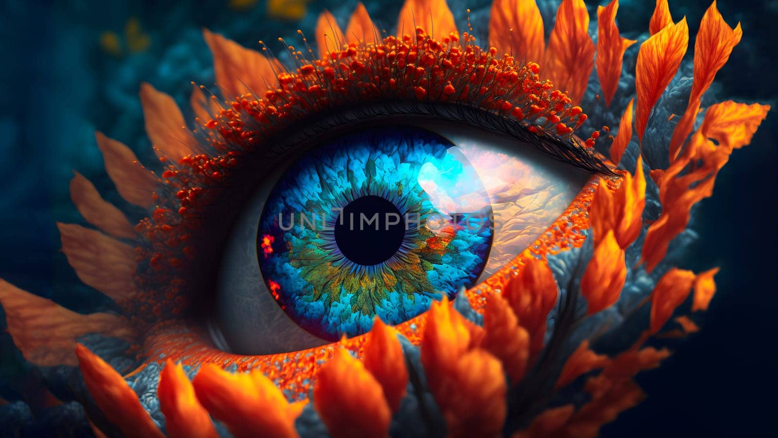 unreal colorful eye of fantastic woman, close-up, neural network generated art. Digitally generated image. Not based on any actual person, scene or pattern.