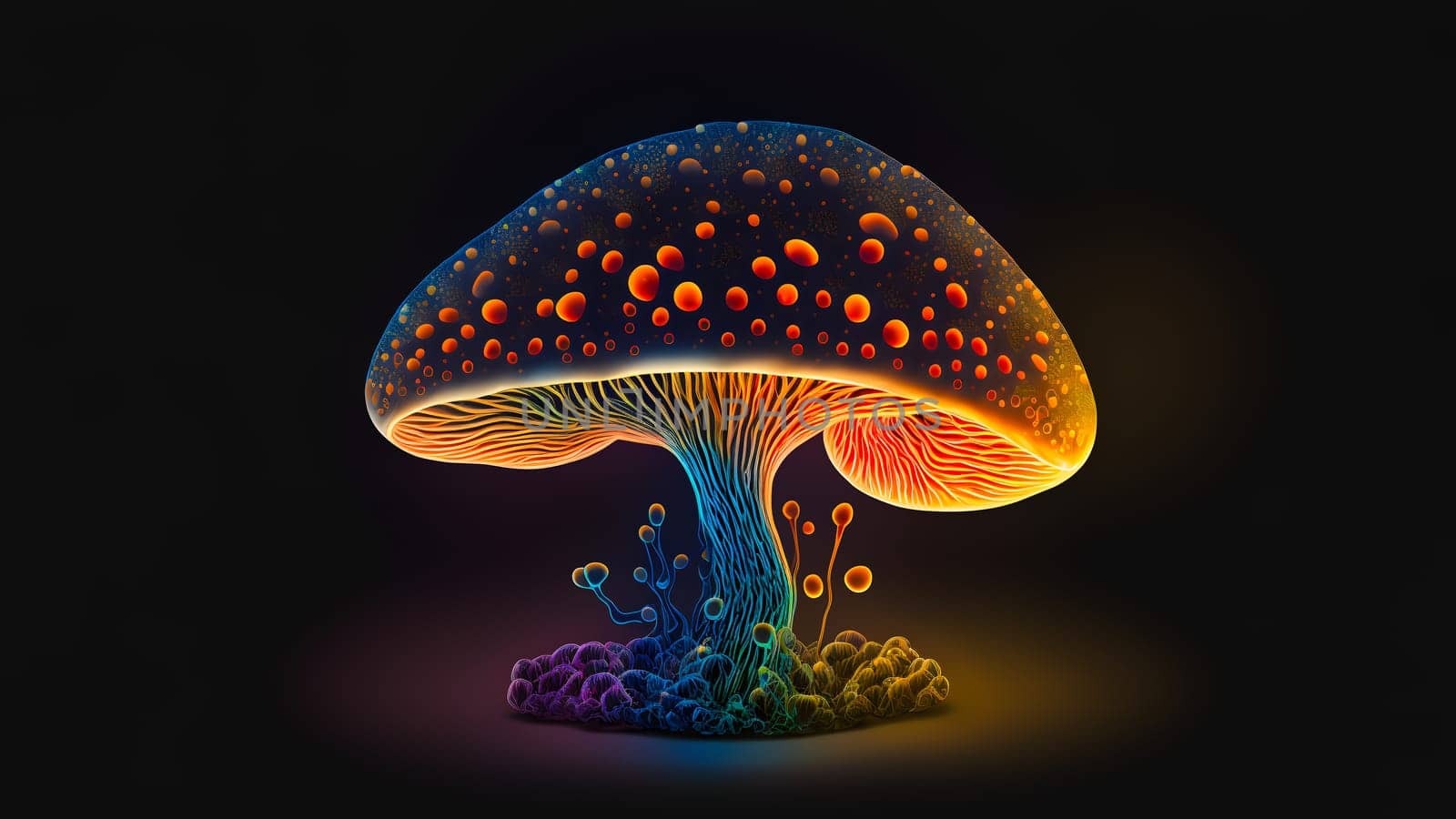 glowing magic mushroom on black background, neural network generated art. Digitally generated image. Not based on any actual person, scene or pattern.