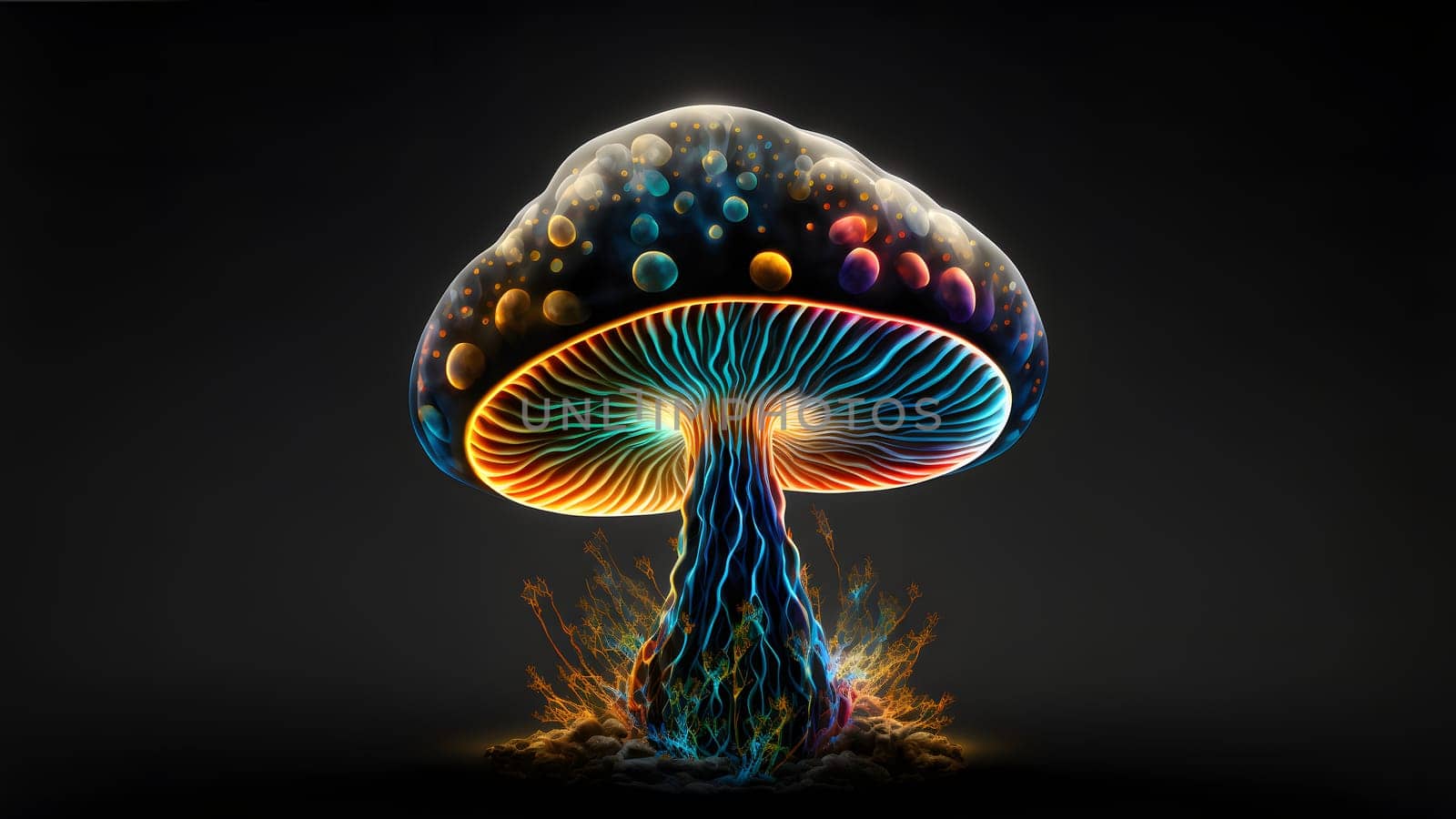 glowing magic mushroom on black background, neural network generated art. Digitally generated image. Not based on any actual person, scene or pattern.