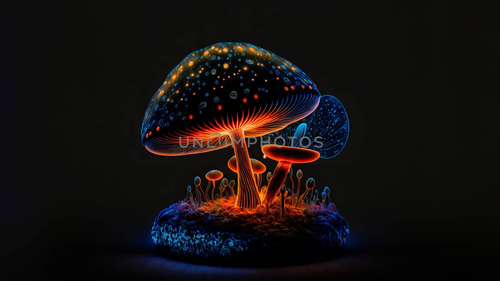 glowing magic mushroom on black background, neural network generated art. Digitally generated image. Not based on any actual person, scene or pattern.