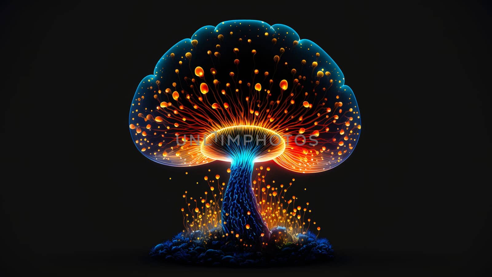 glowing magic mushroom on black background, neural network generated art. Digitally generated image. Not based on any actual person, scene or pattern.
