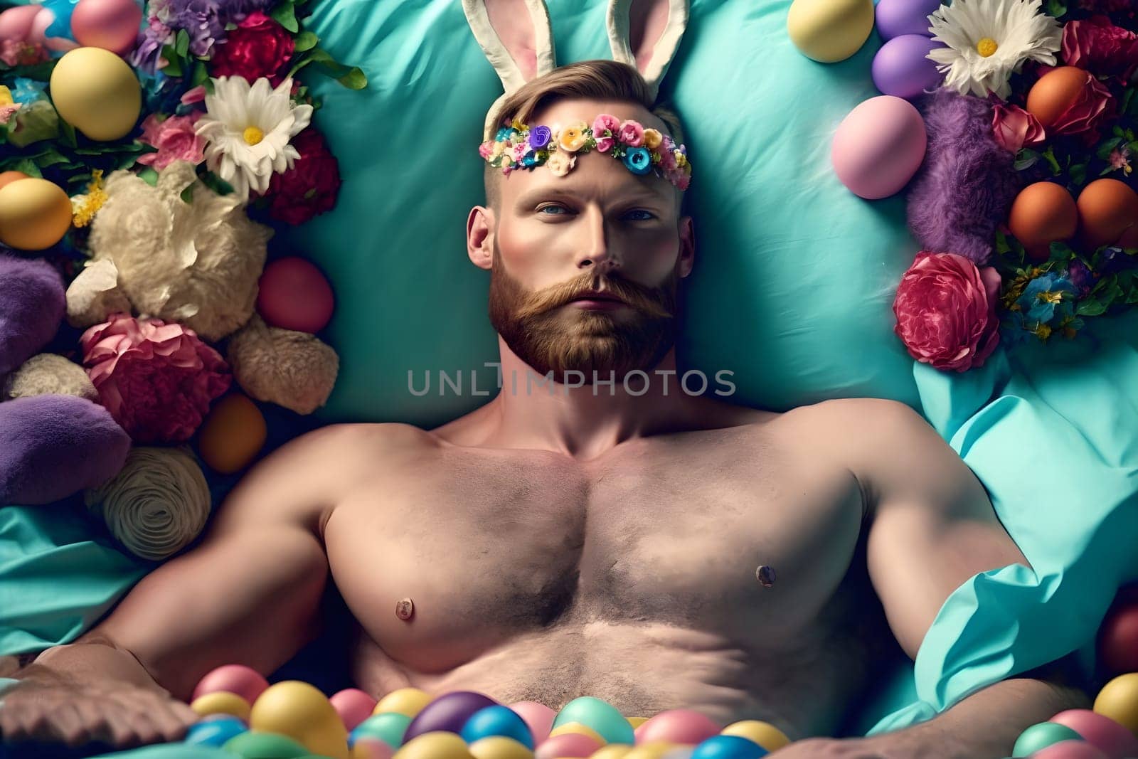 young caucasian man with rabbit ears laid on turquoise bed with easter eggs, neural network generated art. Digitally generated image. Not based on any actual person, scene or pattern.
