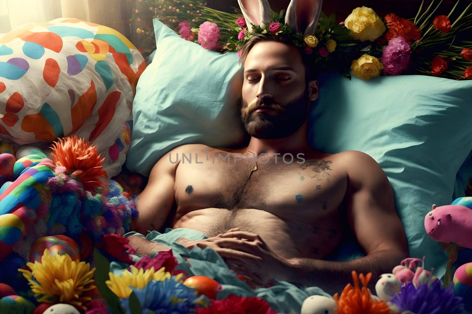 young caucasian man with rabbit ears laid on turquoise bed with easter eggs, neural network generated art. Digitally generated image. Not based on any actual person, scene or pattern.