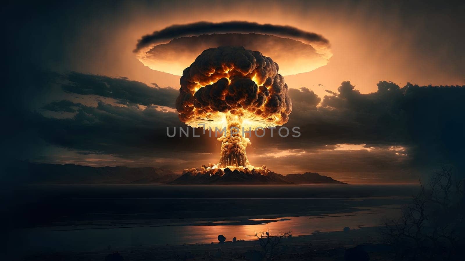 nuclear exposion mushroom over mountains with river in foreground, neural network generated art. Digitally generated image. Not based on any actual person, scene or pattern.