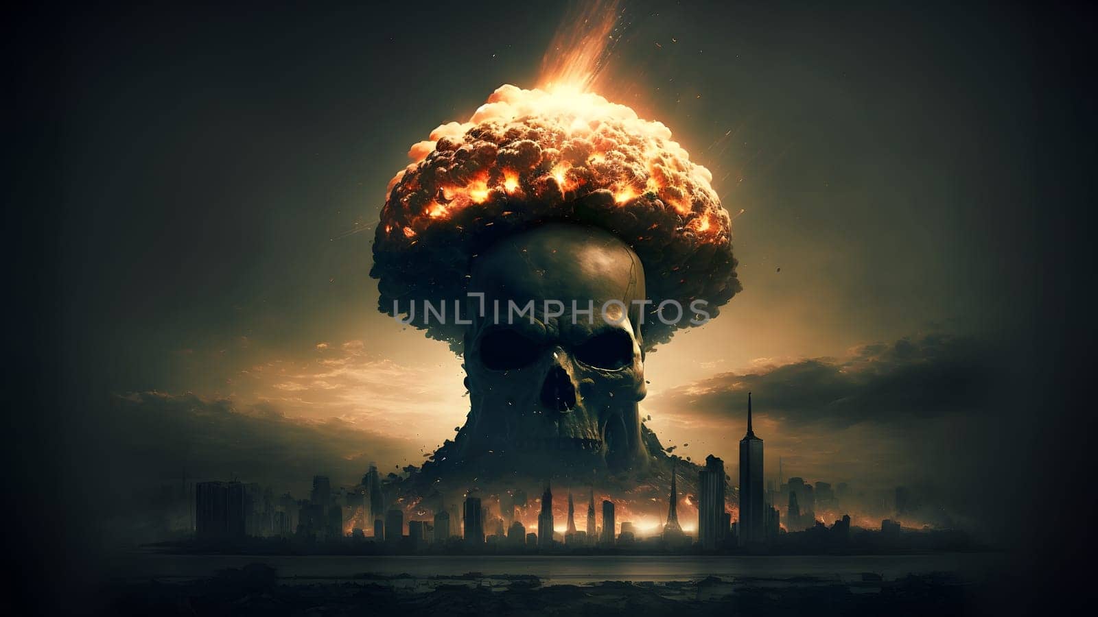 nuclear exposion mushroom cloud with scull face over city, neural network generated art. Digitally generated image. Not based on any actual person, scene or pattern.