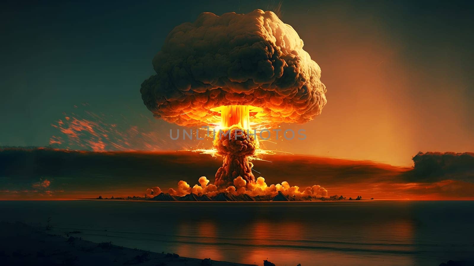 nuclear exposion mushroom over mountains with river in foreground, neural network generated art. Digitally generated image. Not based on any actual person, scene or pattern.