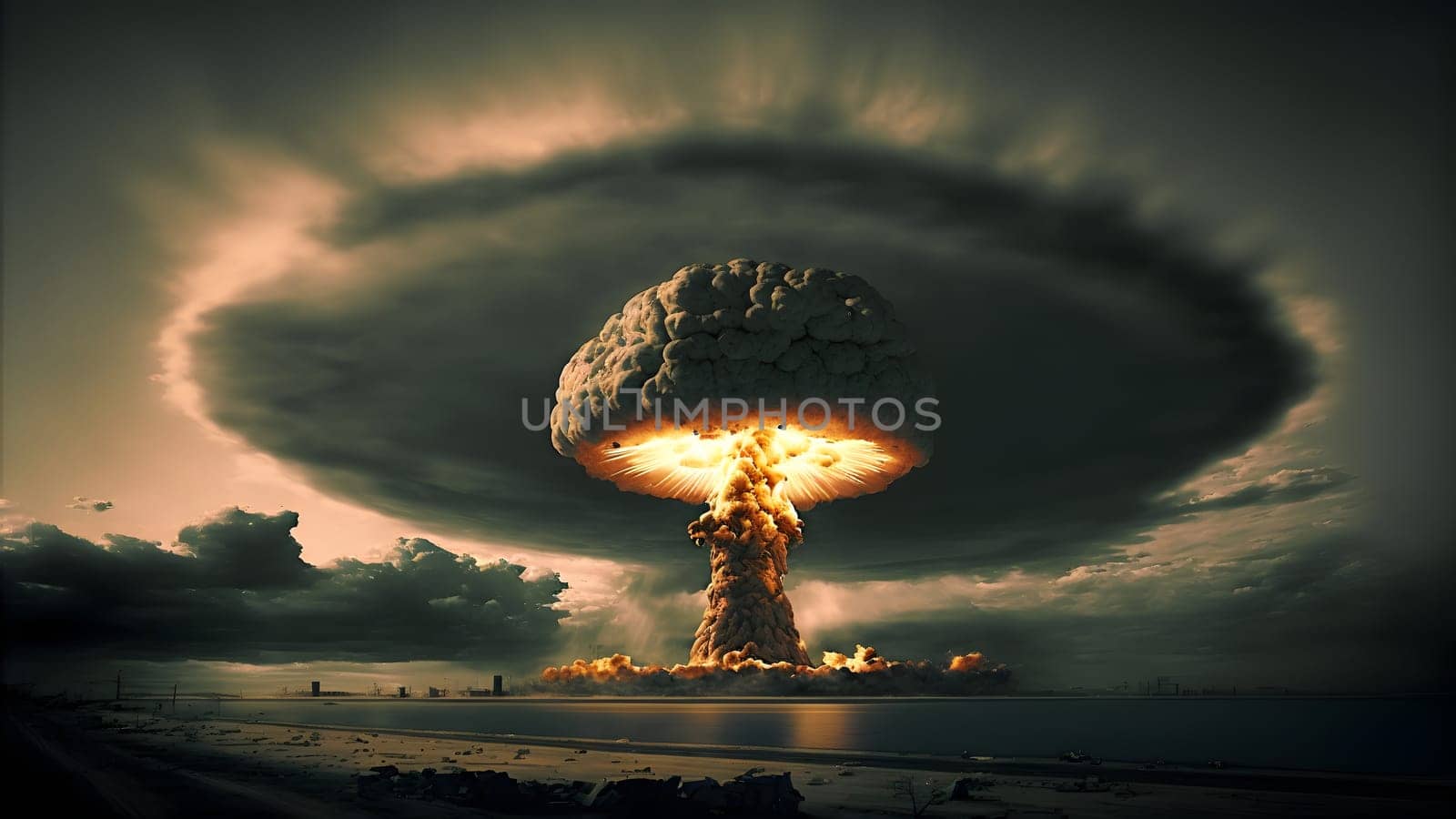 nuclear exposion mushroom over mountains with river in foreground, neural network generated art. Digitally generated image. Not based on any actual person, scene or pattern.