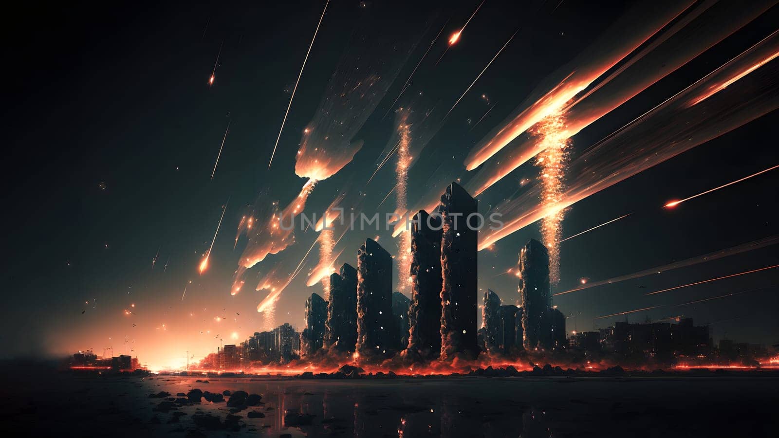 futuristic city with fire trails in sky at sunrise or sunset, neural network generated art. Digitally generated image. Not based on any actual person, scene or pattern.
