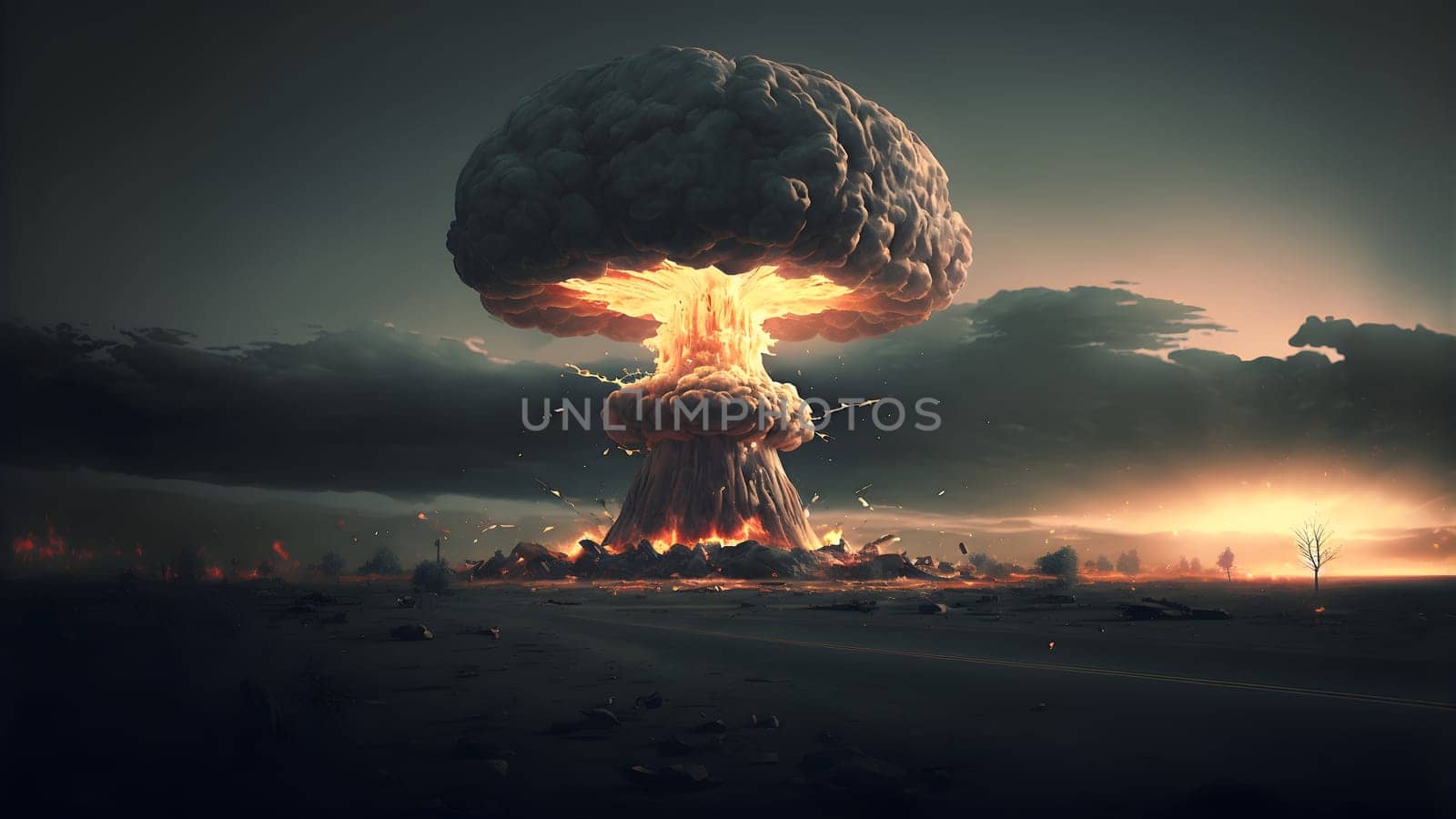 nuclear exposion mushroom over plain land, neural network generated art. Digitally generated image. Not based on any actual person, scene or pattern.