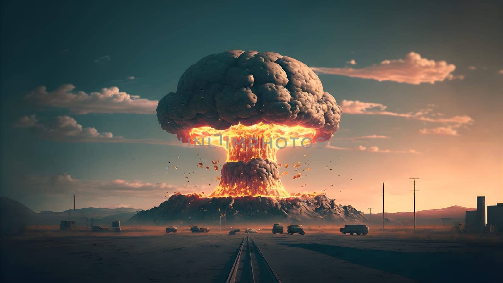 nuclear exposion mushroom over plain land, neural network generated art. Digitally generated image. Not based on any actual person, scene or pattern.