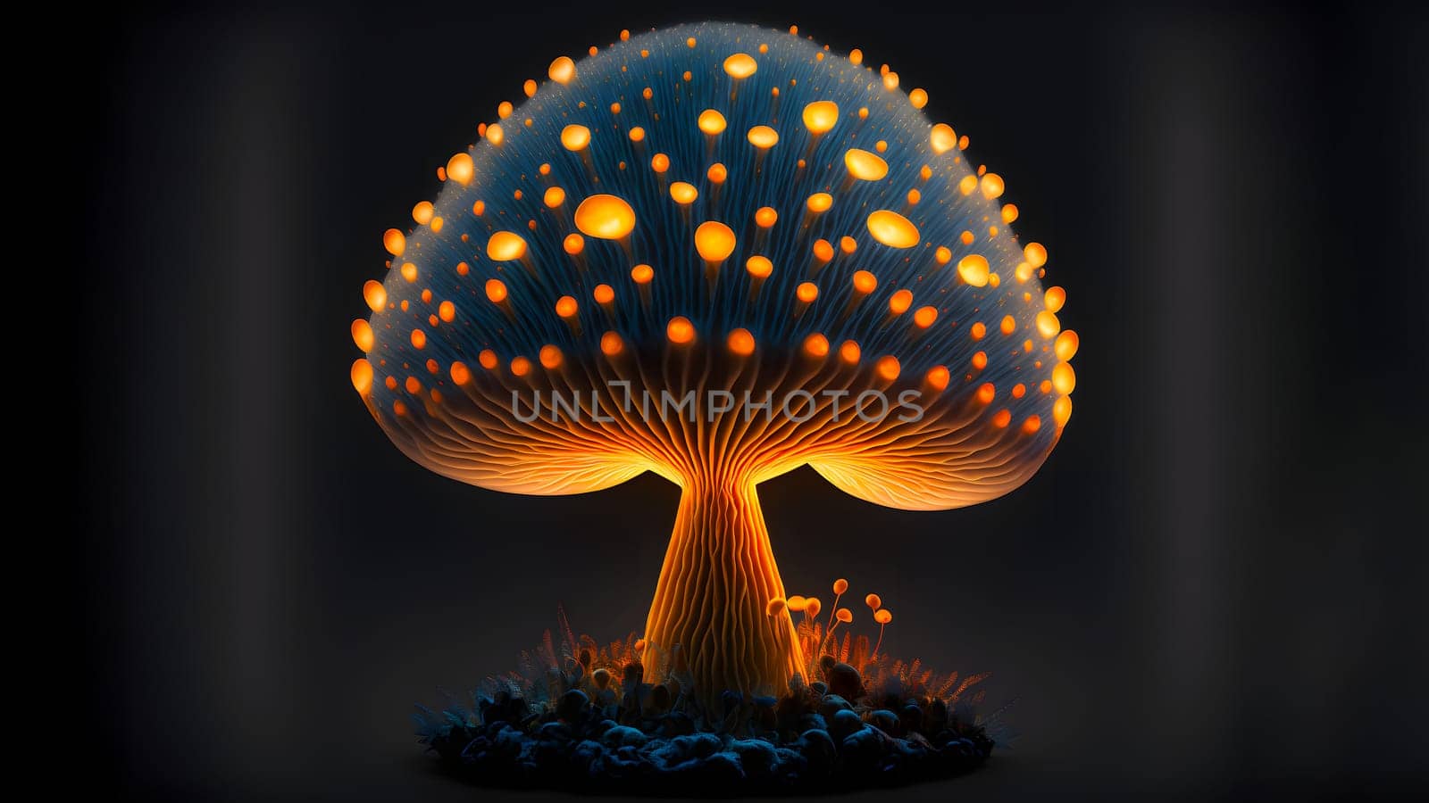 glowing magic mushroom on black background, neural network generated art. Digitally generated image. Not based on any actual person, scene or pattern.