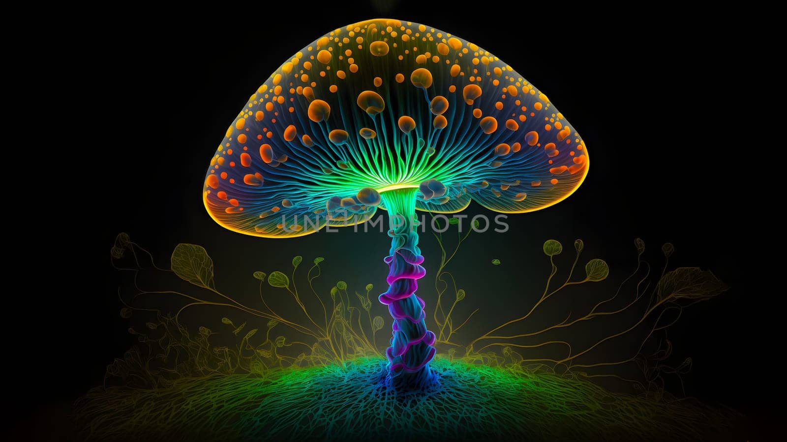 glowing magic mushroom on black background, neural network generated art. Digitally generated image. Not based on any actual person, scene or pattern.