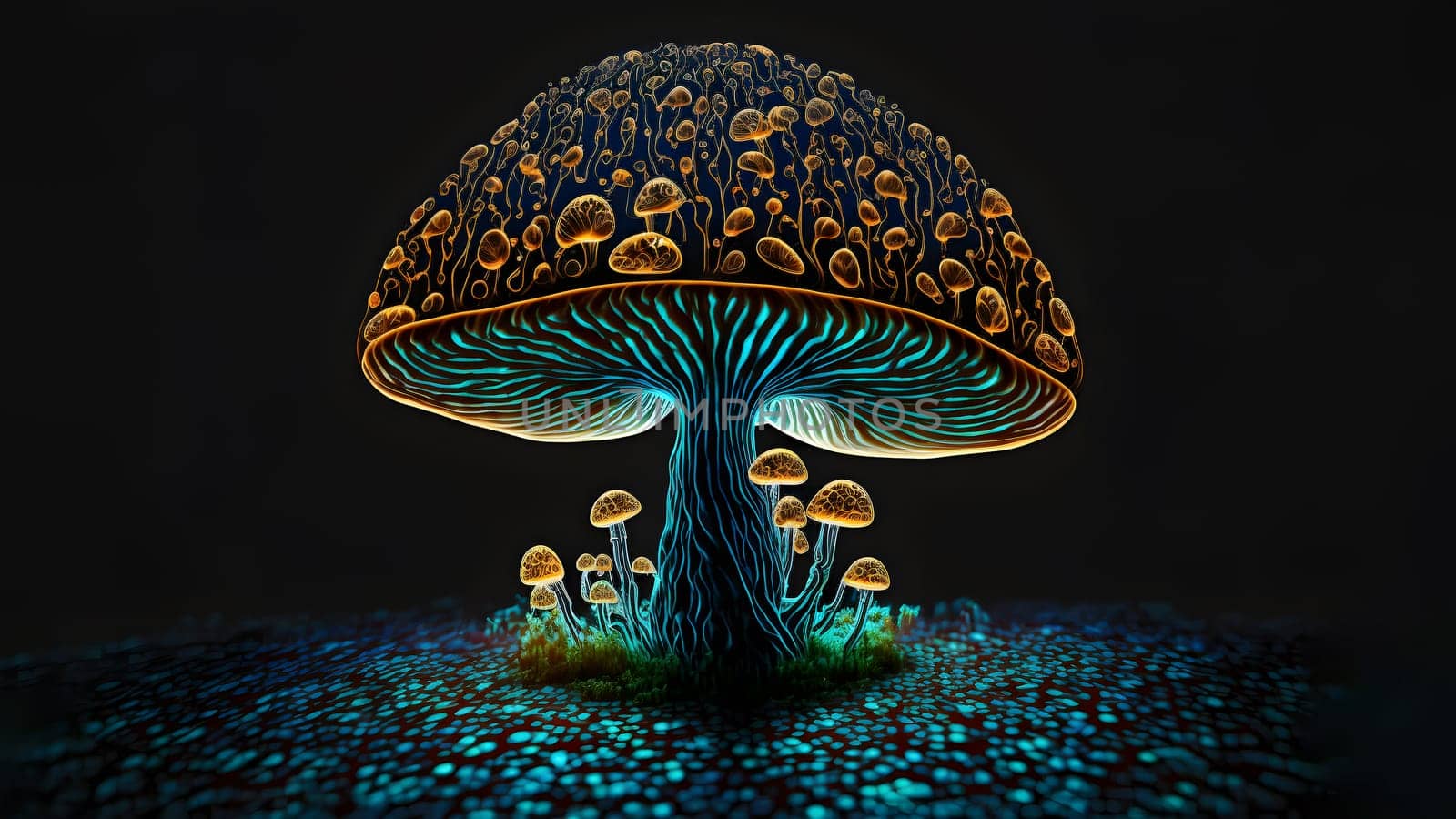 glowing magic mushroom on black background, neural network generated art. Digitally generated image. Not based on any actual person, scene or pattern.
