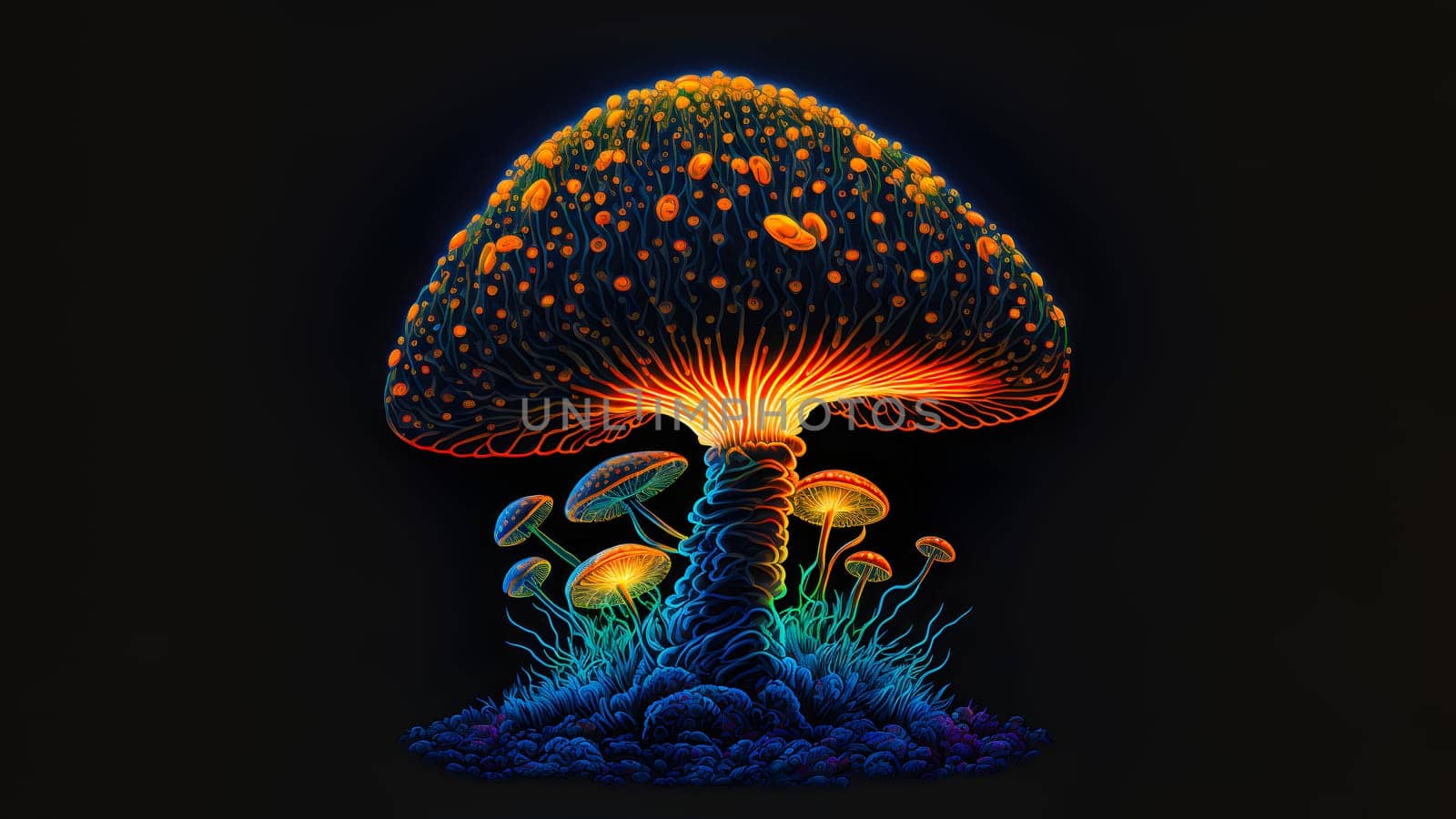 glowing magic mushroom on black background, neural network generated art. Digitally generated image. Not based on any actual person, scene or pattern.