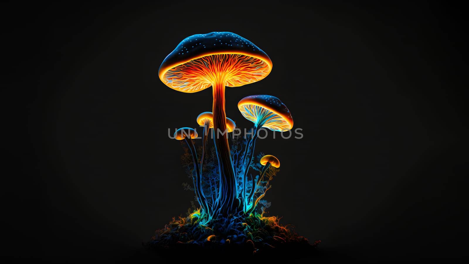glowing magic mushroom on black background, neural network generated art. Digitally generated image. Not based on any actual person, scene or pattern.