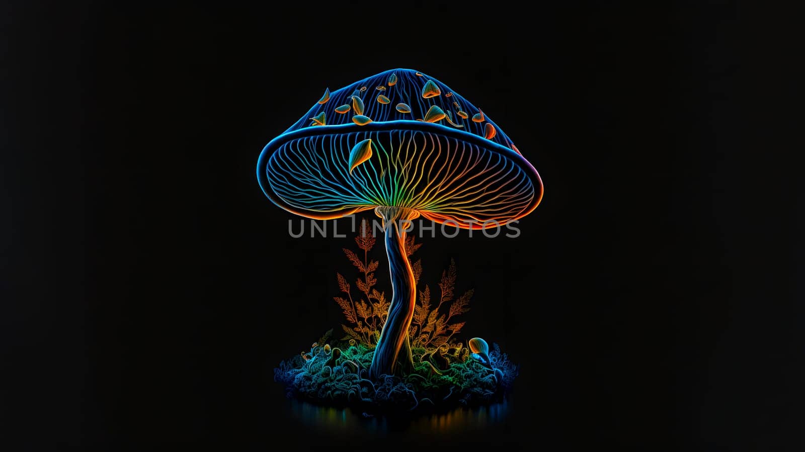 glowing magic mushroom on black background, neural network generated art. Digitally generated image. Not based on any actual person, scene or pattern.