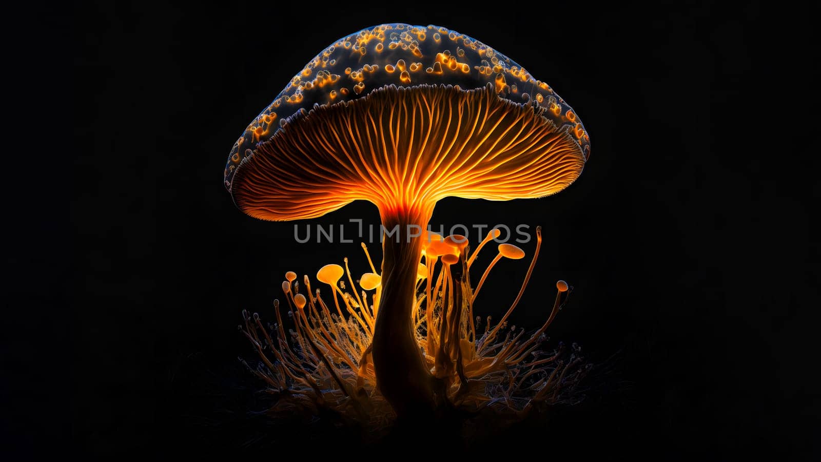 glowing magic mushroom on black background, neural network generated art. Digitally generated image. Not based on any actual person, scene or pattern.