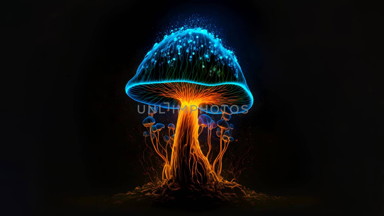 glowing magic mushroom on black background, neural network generated art. Digitally generated image. Not based on any actual person, scene or pattern.