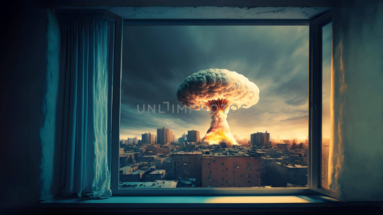 nuclear exposion mushroom over city, view through opened window, neural network generated art. Digitally generated image. Not based on any actual person, scene or pattern.