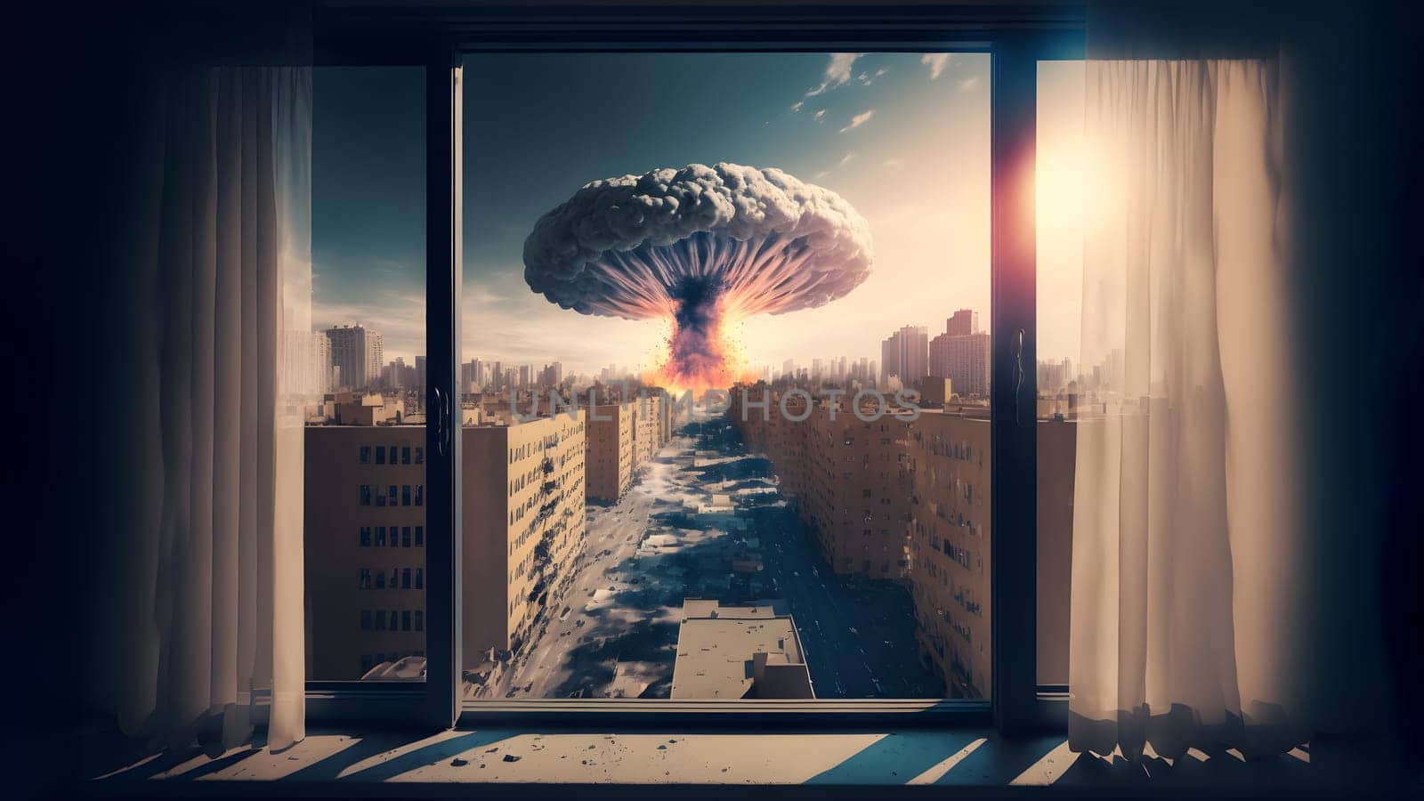 nuclear exposion mushroom over city, view through opened window, neural network generated art. Digitally generated image. Not based on any actual person, scene or pattern.