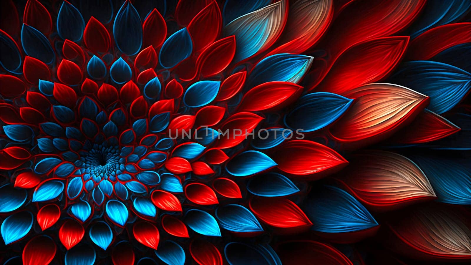 closeup full-frame background of red and blue petal flower, neural network generated art by z1b