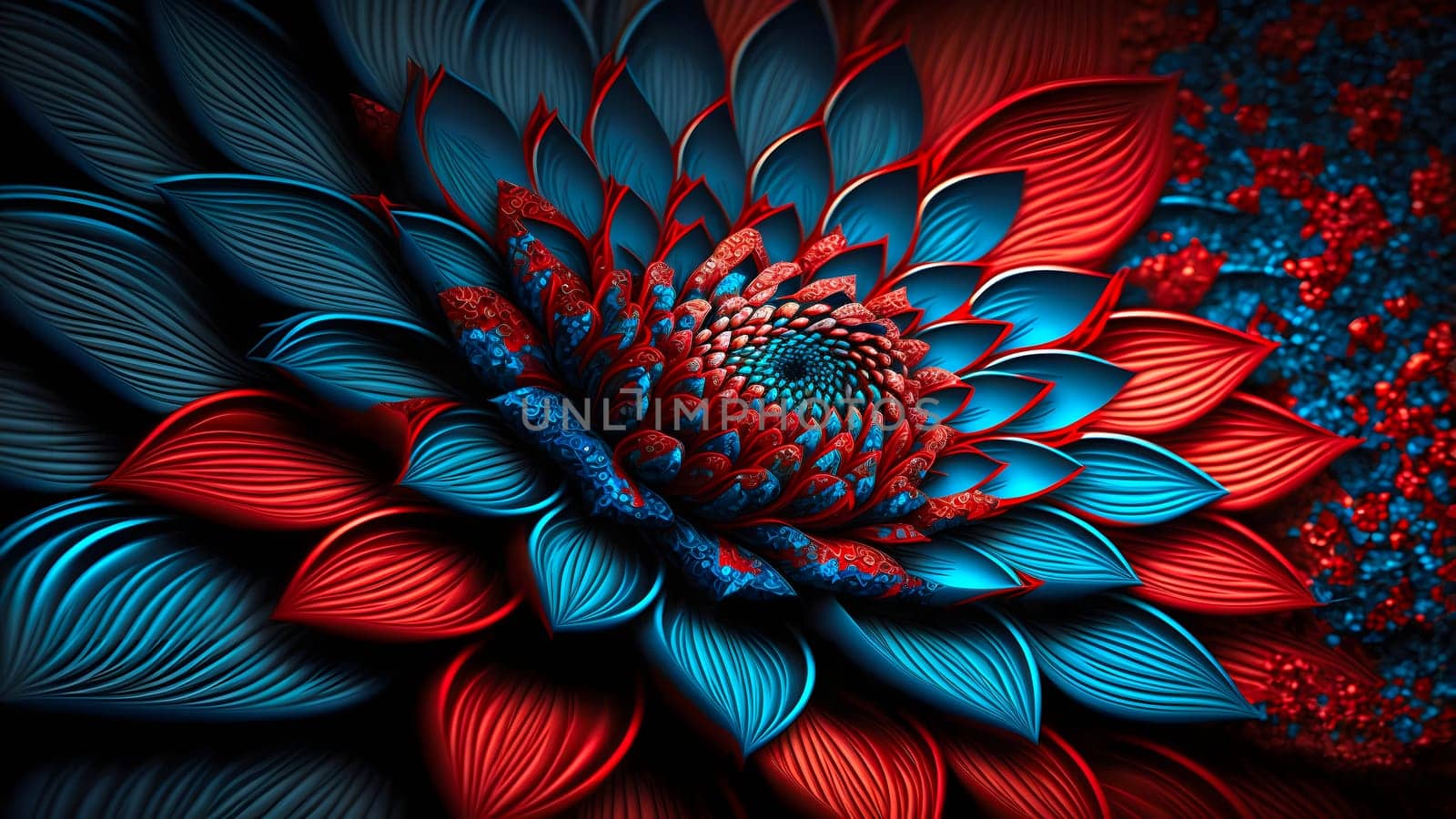 closeup full-frame background of red and blue petal flower, neural network generated art. Digitally generated image. Not based on any actual person, scene or pattern.