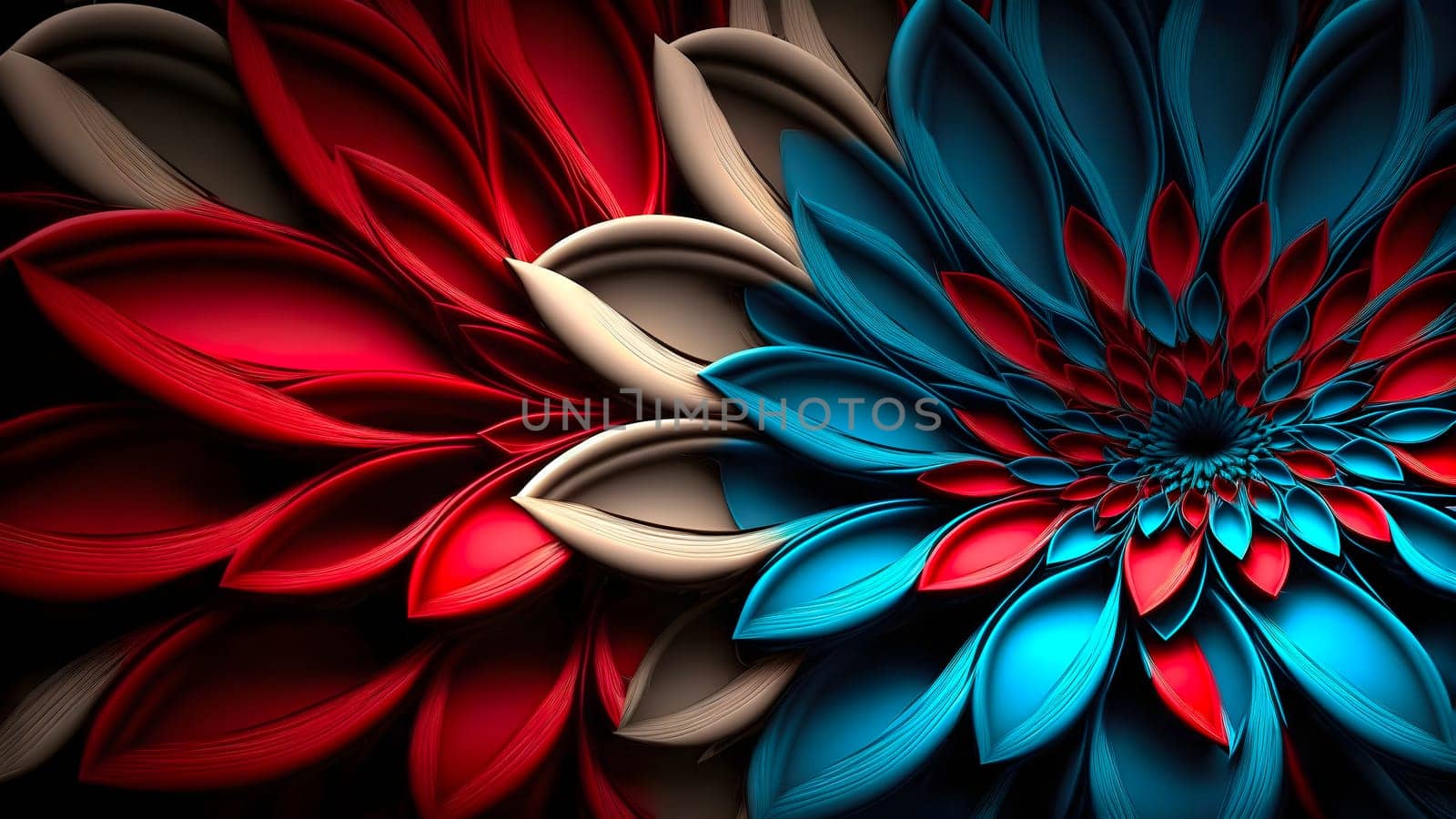 closeup full-frame background of red and blue petal flower, neural network generated art. Digitally generated image. Not based on any actual person, scene or pattern.