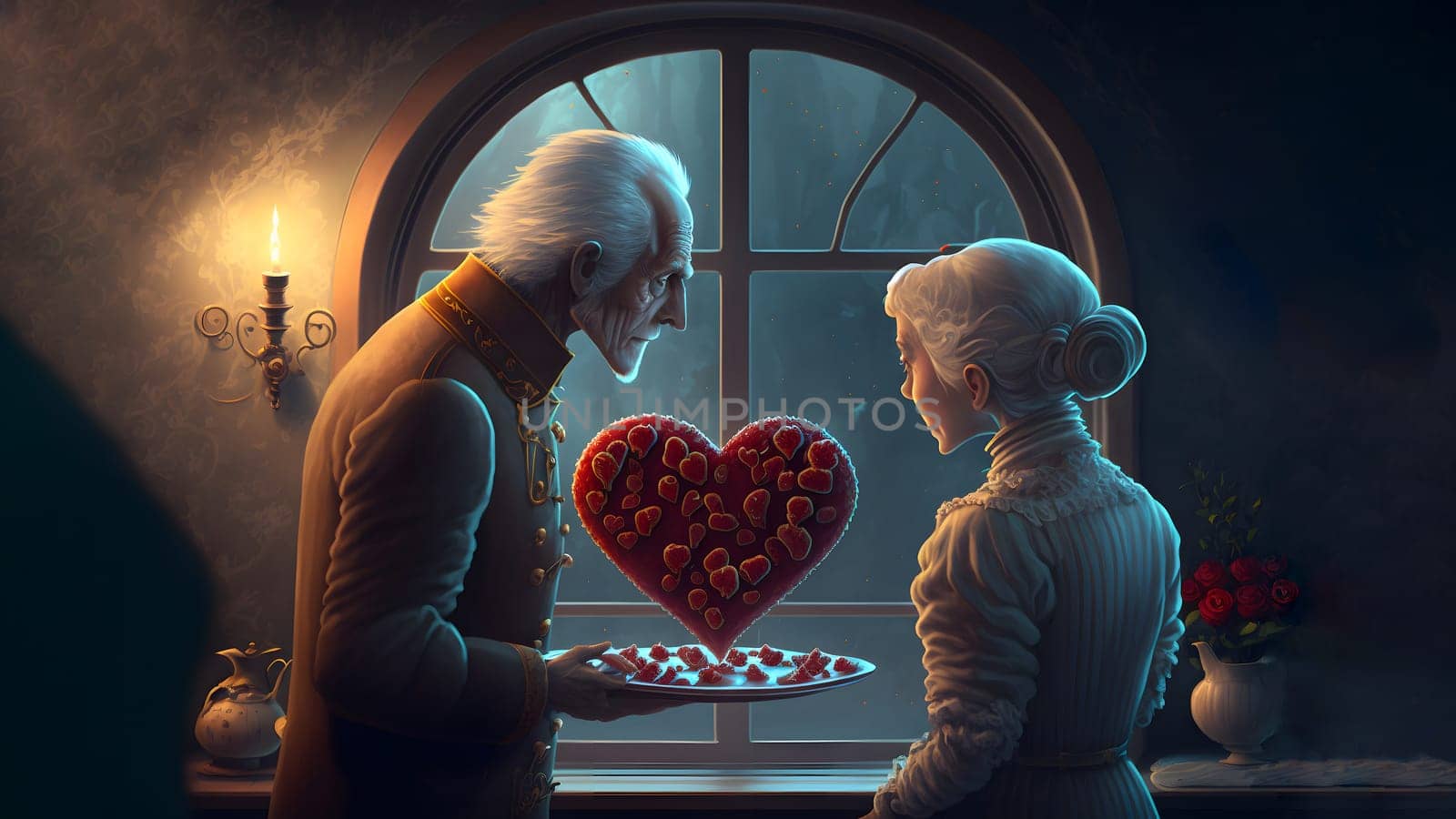 elder pair date with large red heart-shaped symbol of valentines day, neural network generated art. Digitally generated image. Not based on any actual person, scene or pattern.