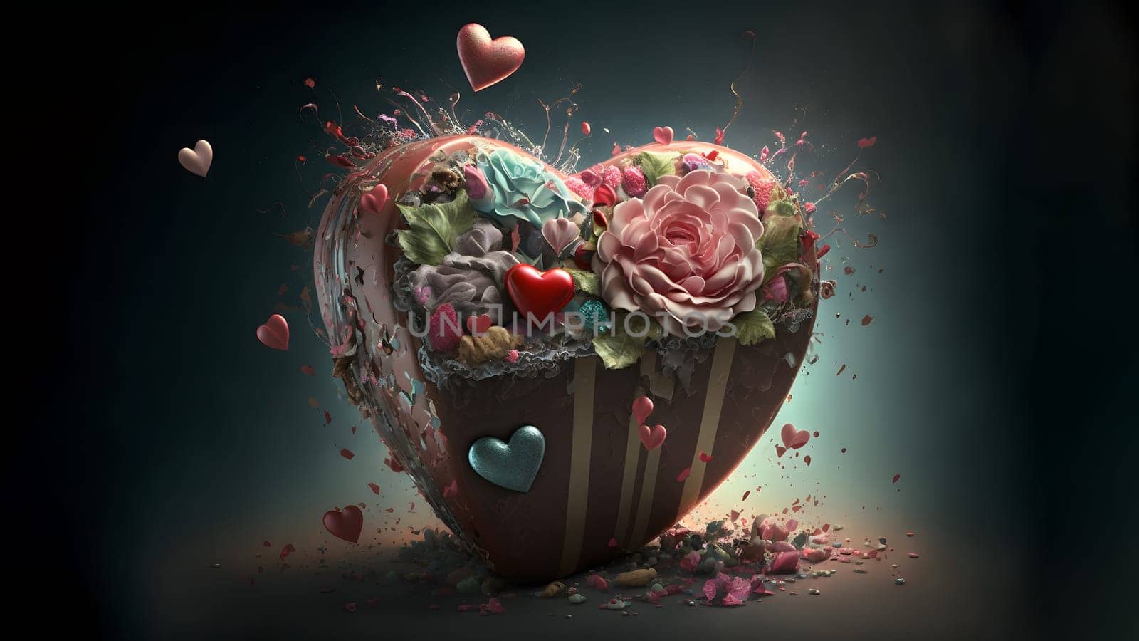 artistically chaotic valentines day heart candy with flowers inside, neural network generated art. Digitally generated image. Not based on any actual person, scene or pattern.